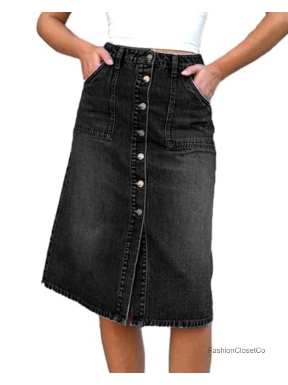 High Waist Button Front Midi Denim Skirt with Pockets Stretch